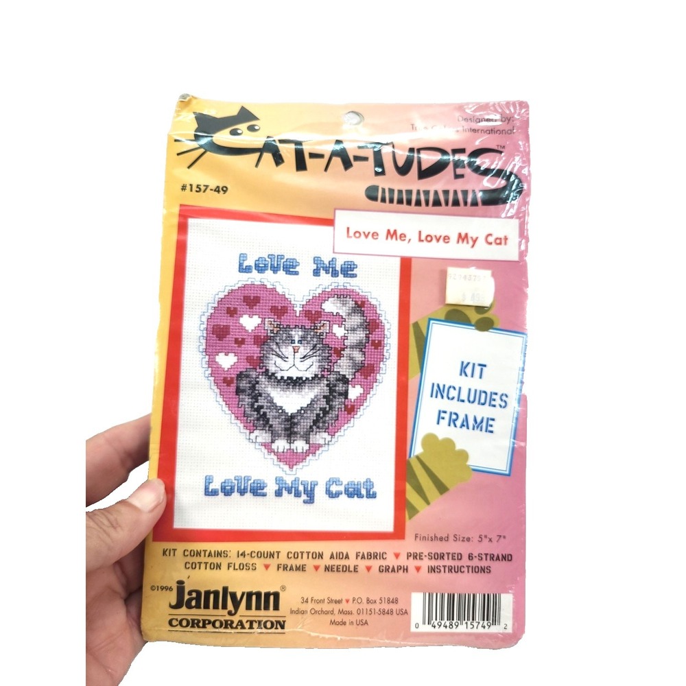 Vtg 1996 Janlynn Cat-A'Tudes Live Me Love My Cat Cross Stitch Kit 1996
